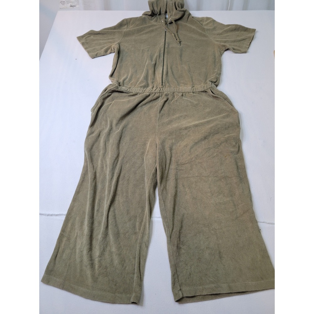Active Olive Green Terry Cloth Hooded Jumpsuit Short Sleeve Wide Leg XL 1701
